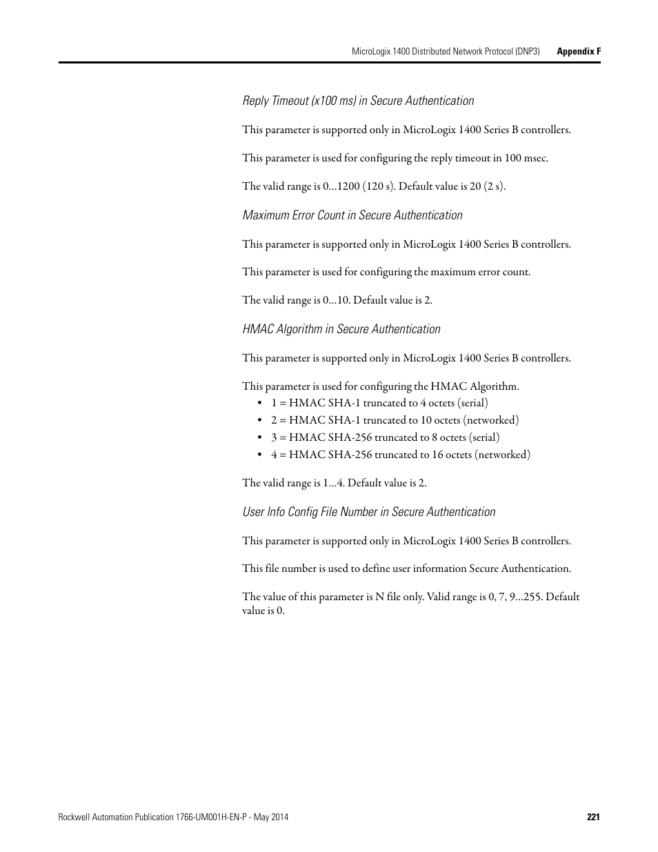 Reply timeout (x100 ms) in secure authentication, Maximum error count in secure authentication, Hmac algorithm in secure authentication | Rockwell Automation 1766-Lxxxx MicroLogix 1400 Programmable Controllers User Manual User Manual | Page 261 / 406