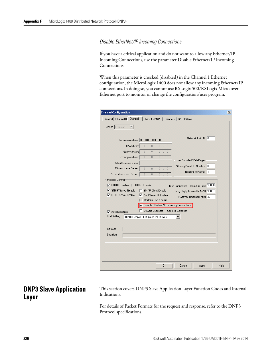 Disable ethernet/ip incoming connections, Dnp3 slave application layer | Rockwell Automation 1766-Lxxxx MicroLogix 1400 Programmable Controllers User Manual User Manual | Page 266 / 406