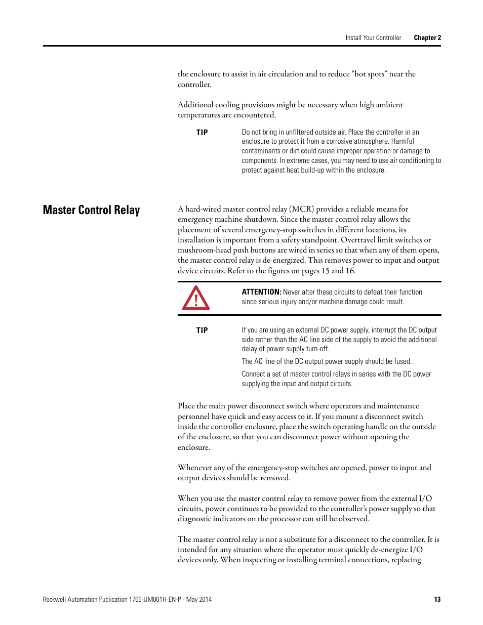 Master control relay | Rockwell Automation 1766-Lxxxx MicroLogix 1400 Programmable Controllers User Manual User Manual | Page 27 / 406