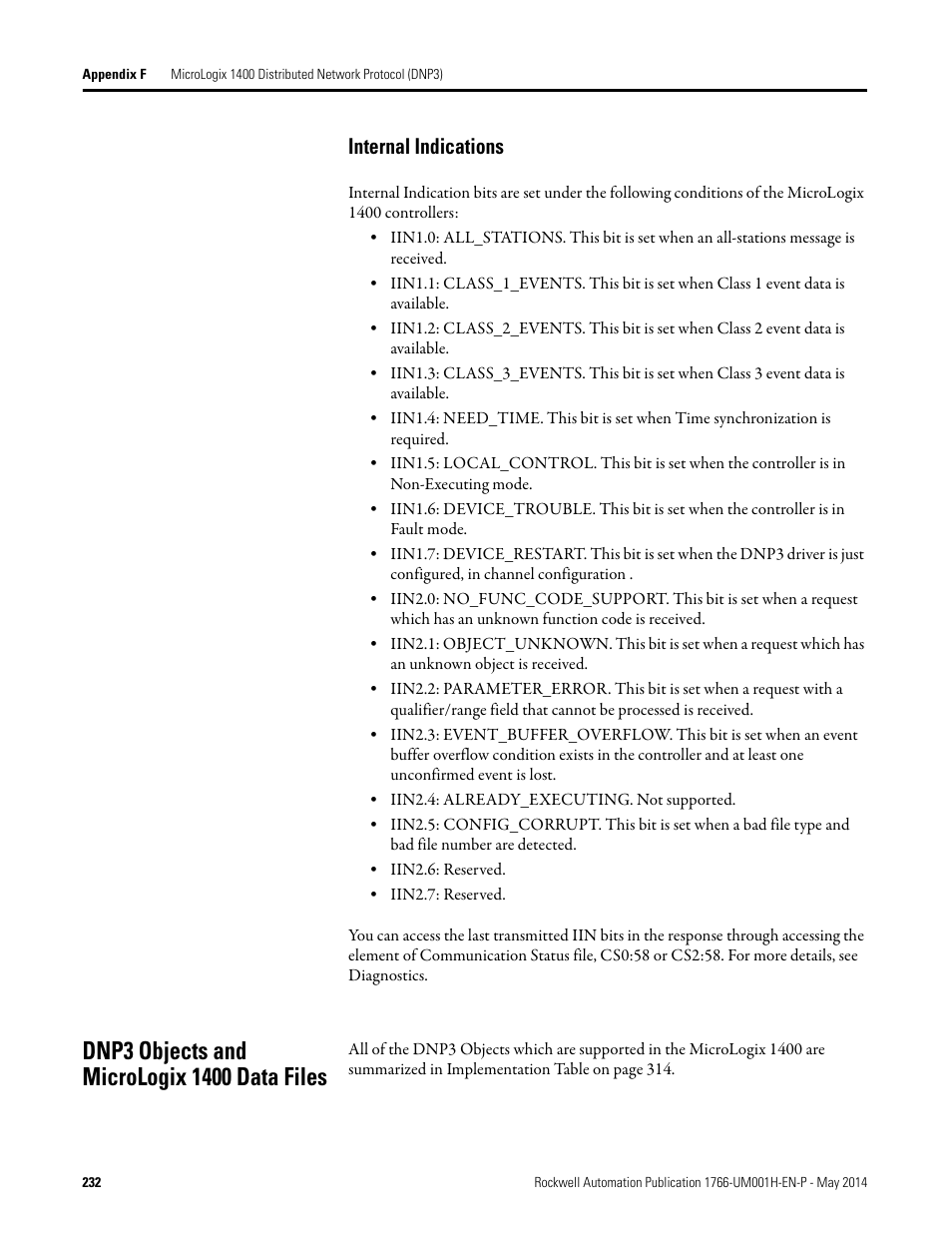 Internal indications, Dnp3 objects and micrologix 1400 data files | Rockwell Automation 1766-Lxxxx MicroLogix 1400 Programmable Controllers User Manual User Manual | Page 272 / 406