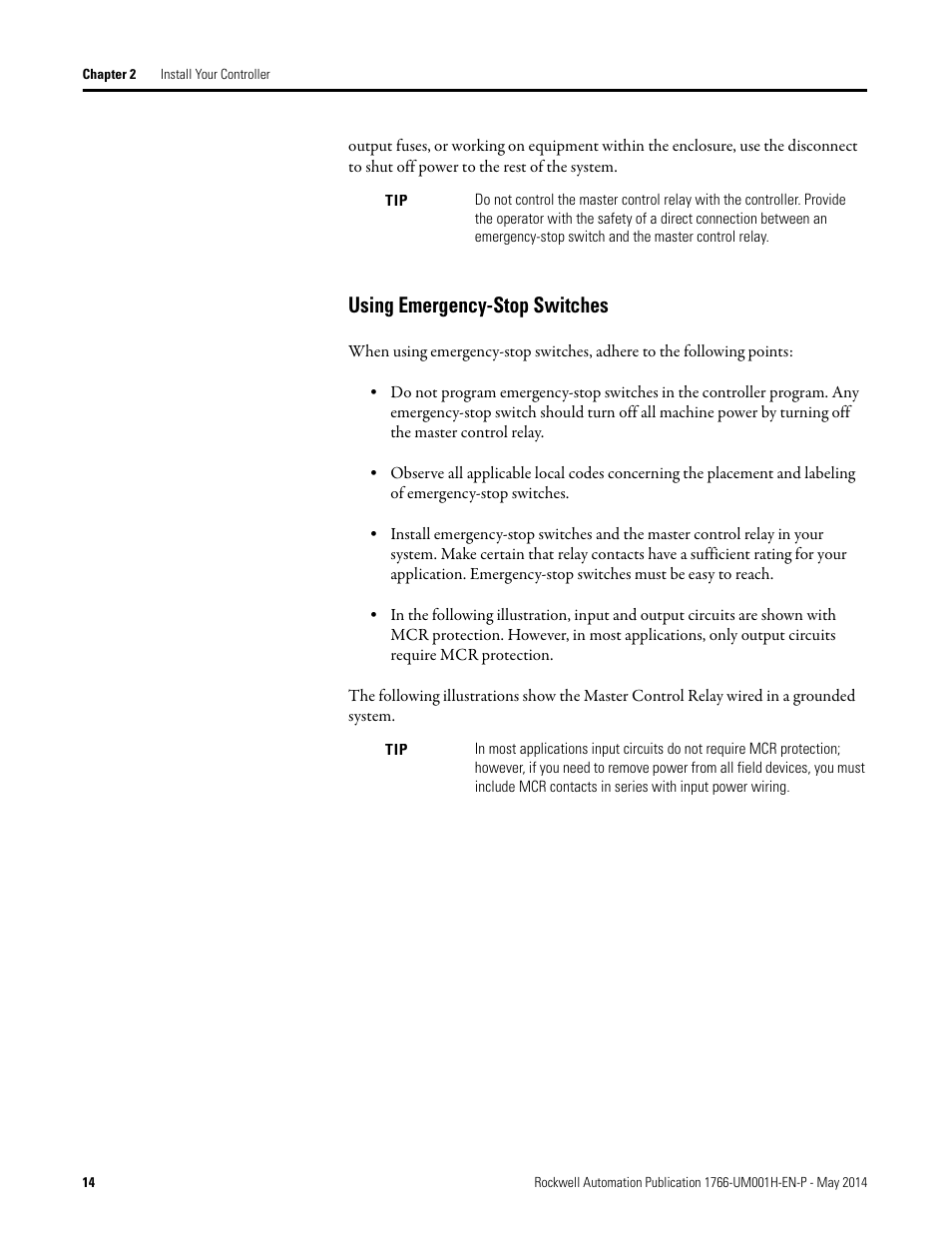 Using emergency-stop switches | Rockwell Automation 1766-Lxxxx MicroLogix 1400 Programmable Controllers User Manual User Manual | Page 28 / 406