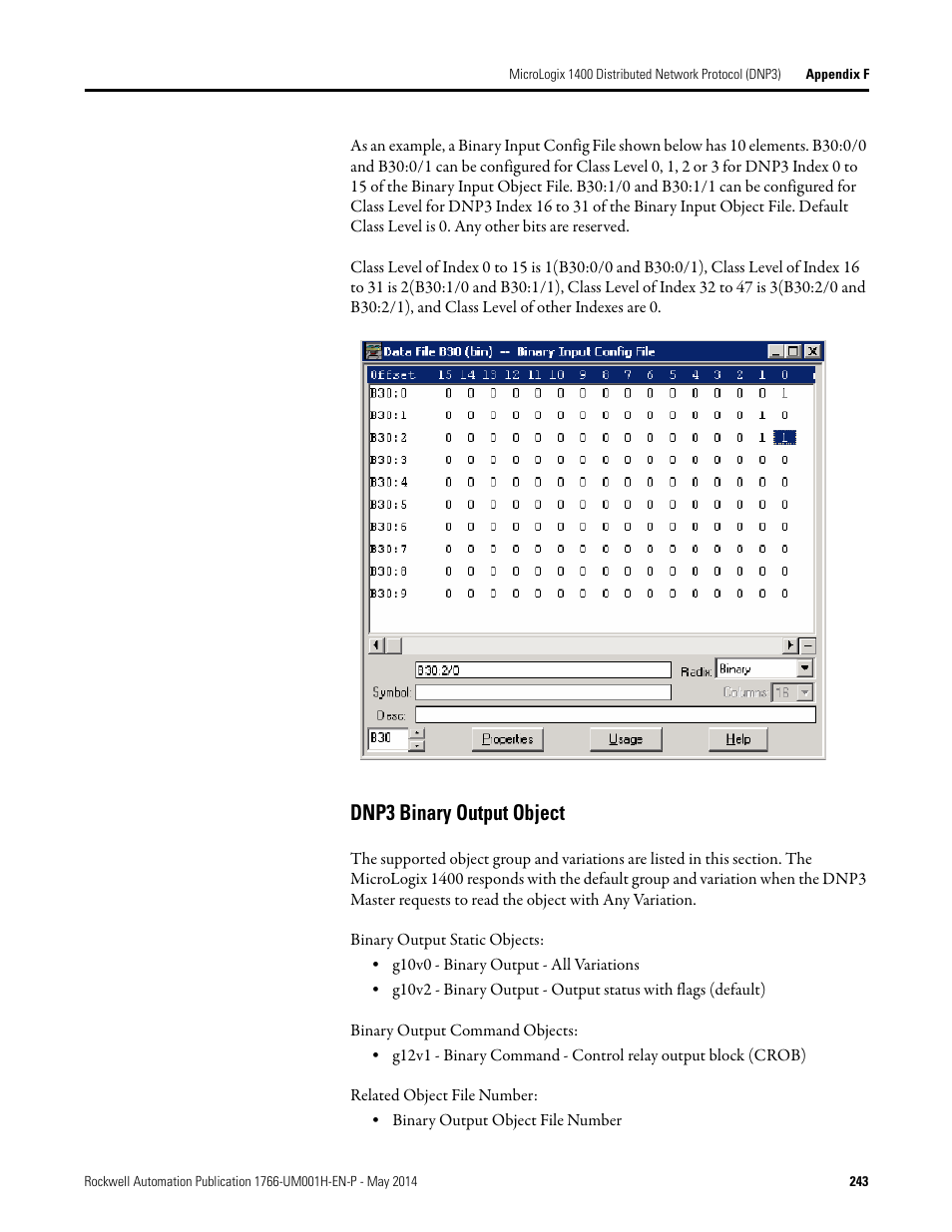 Dnp3 binary output object | Rockwell Automation 1766-Lxxxx MicroLogix 1400 Programmable Controllers User Manual User Manual | Page 283 / 406