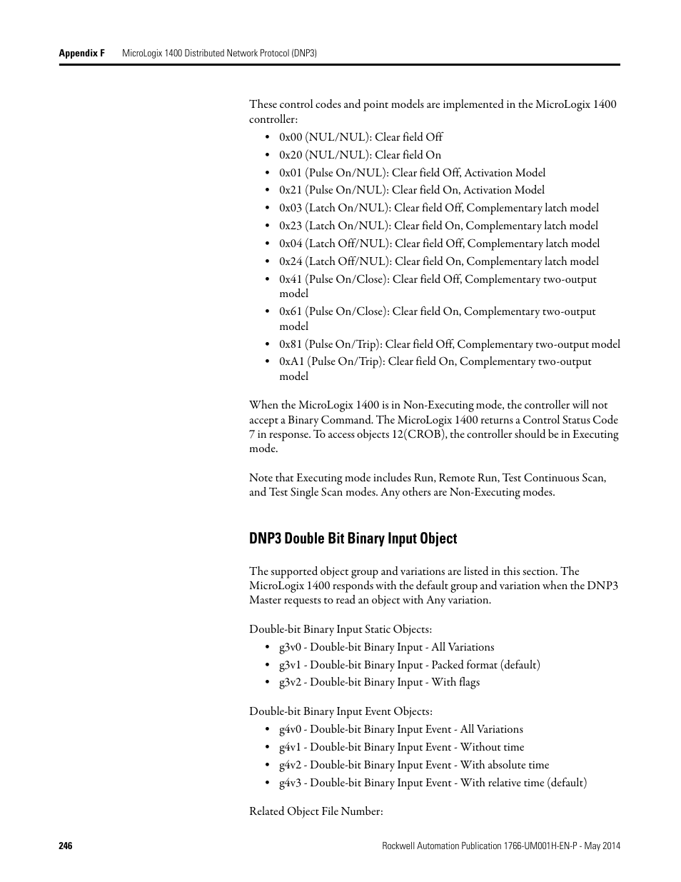 Dnp3 double bit binary input object | Rockwell Automation 1766-Lxxxx MicroLogix 1400 Programmable Controllers User Manual User Manual | Page 286 / 406