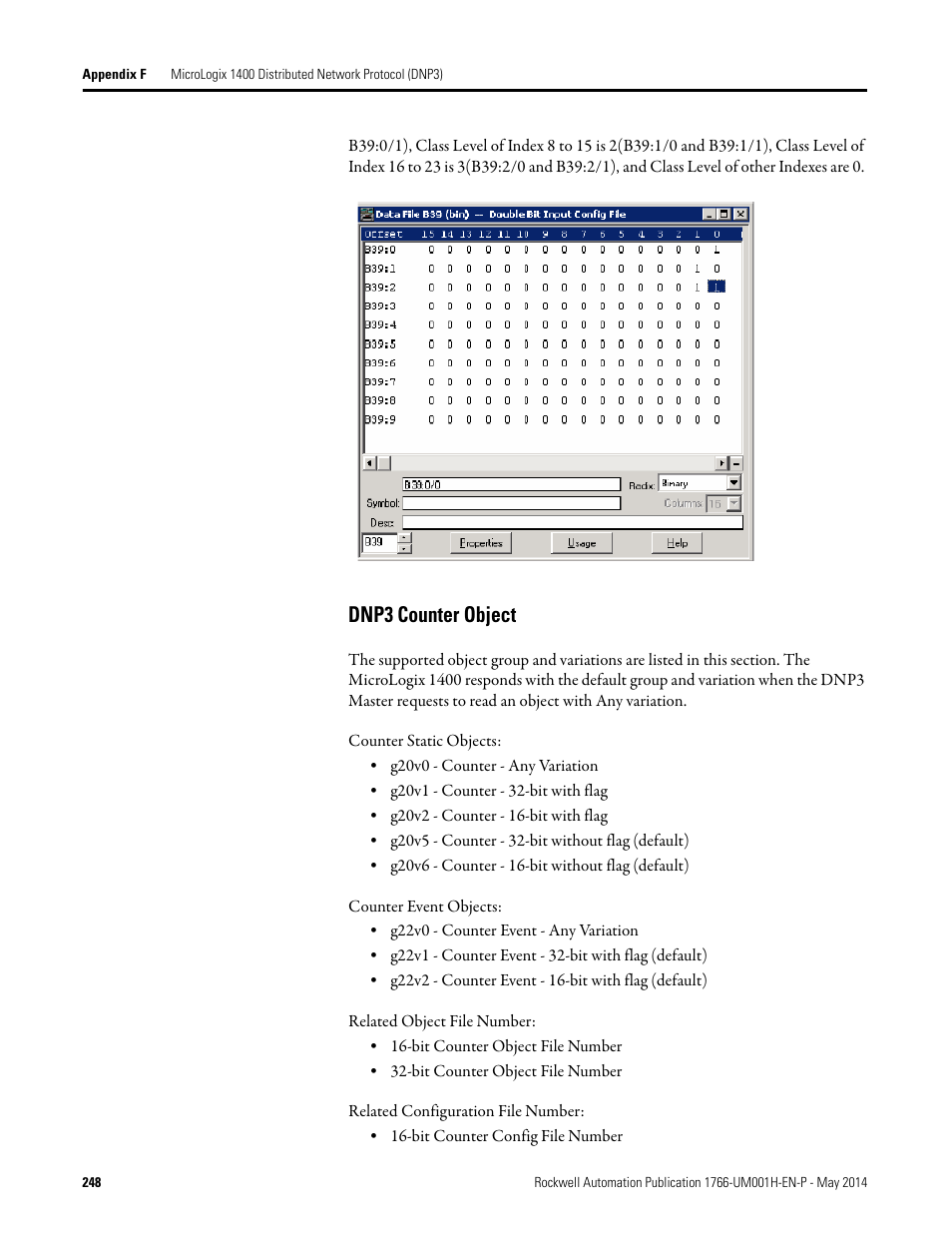 Dnp3 counter object | Rockwell Automation 1766-Lxxxx MicroLogix 1400 Programmable Controllers User Manual User Manual | Page 288 / 406