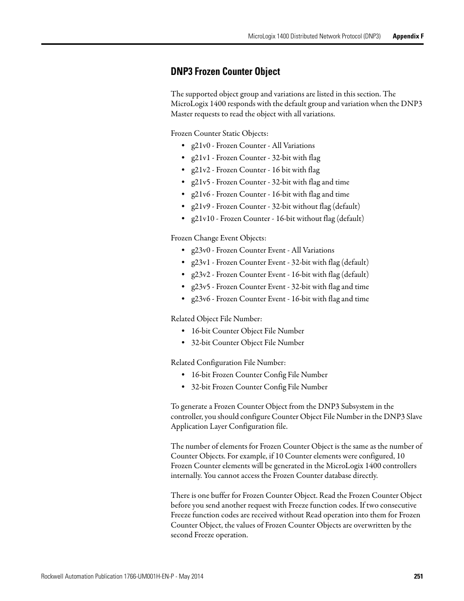 Dnp3 frozen counter object | Rockwell Automation 1766-Lxxxx MicroLogix 1400 Programmable Controllers User Manual User Manual | Page 291 / 406