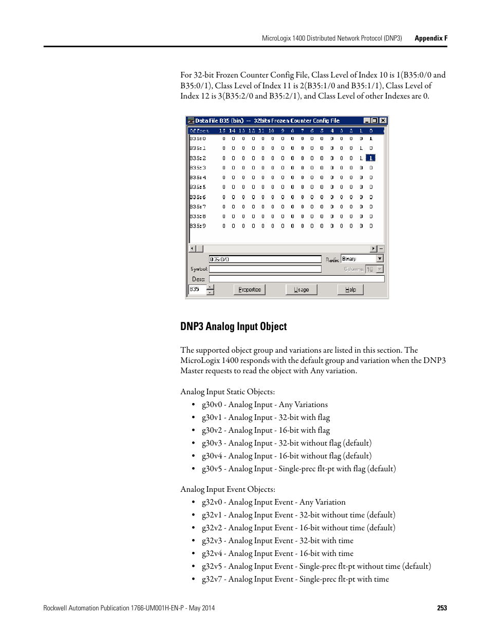 Dnp3 analog input object | Rockwell Automation 1766-Lxxxx MicroLogix 1400 Programmable Controllers User Manual User Manual | Page 293 / 406