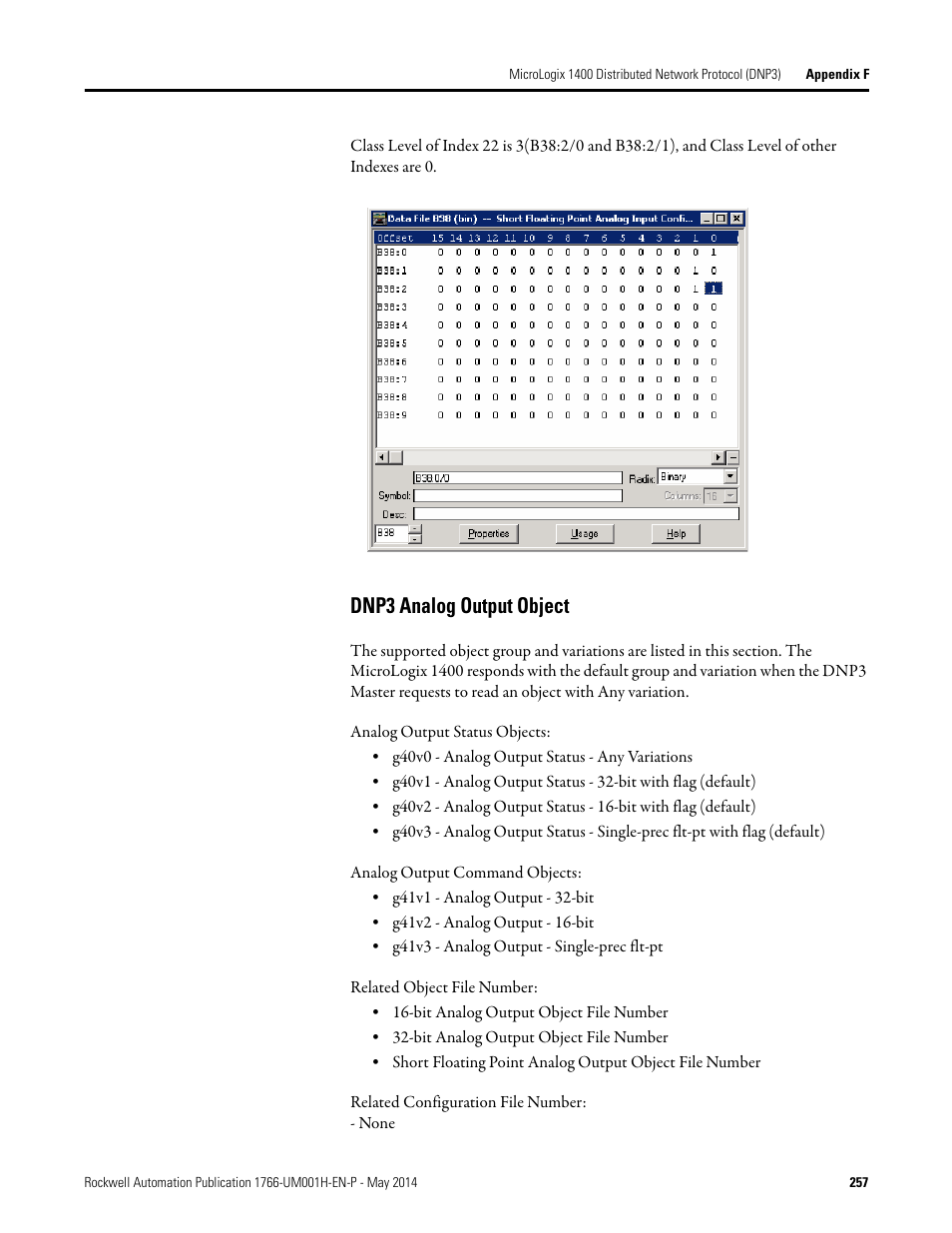 Dnp3 analog output object | Rockwell Automation 1766-Lxxxx MicroLogix 1400 Programmable Controllers User Manual User Manual | Page 297 / 406