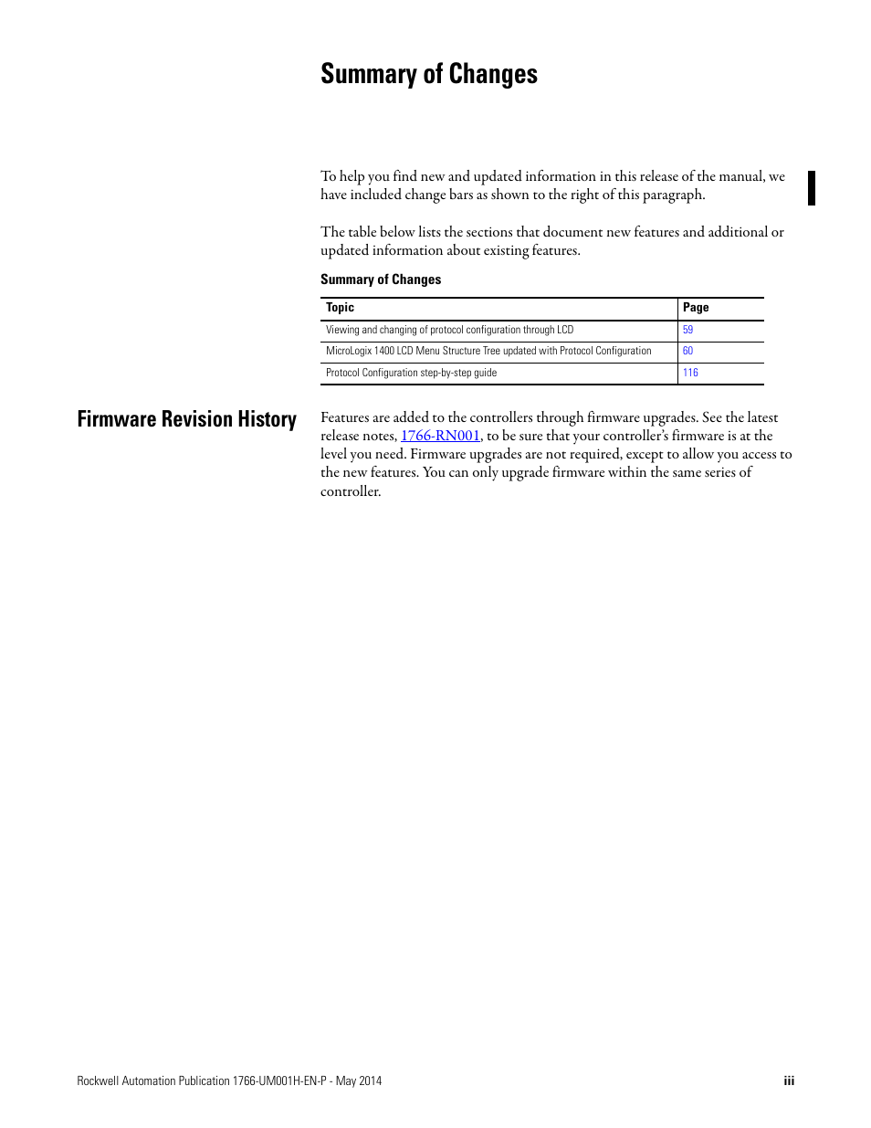 Summary of changes, Firmware revision history | Rockwell Automation 1766-Lxxxx MicroLogix 1400 Programmable Controllers User Manual User Manual | Page 3 / 406