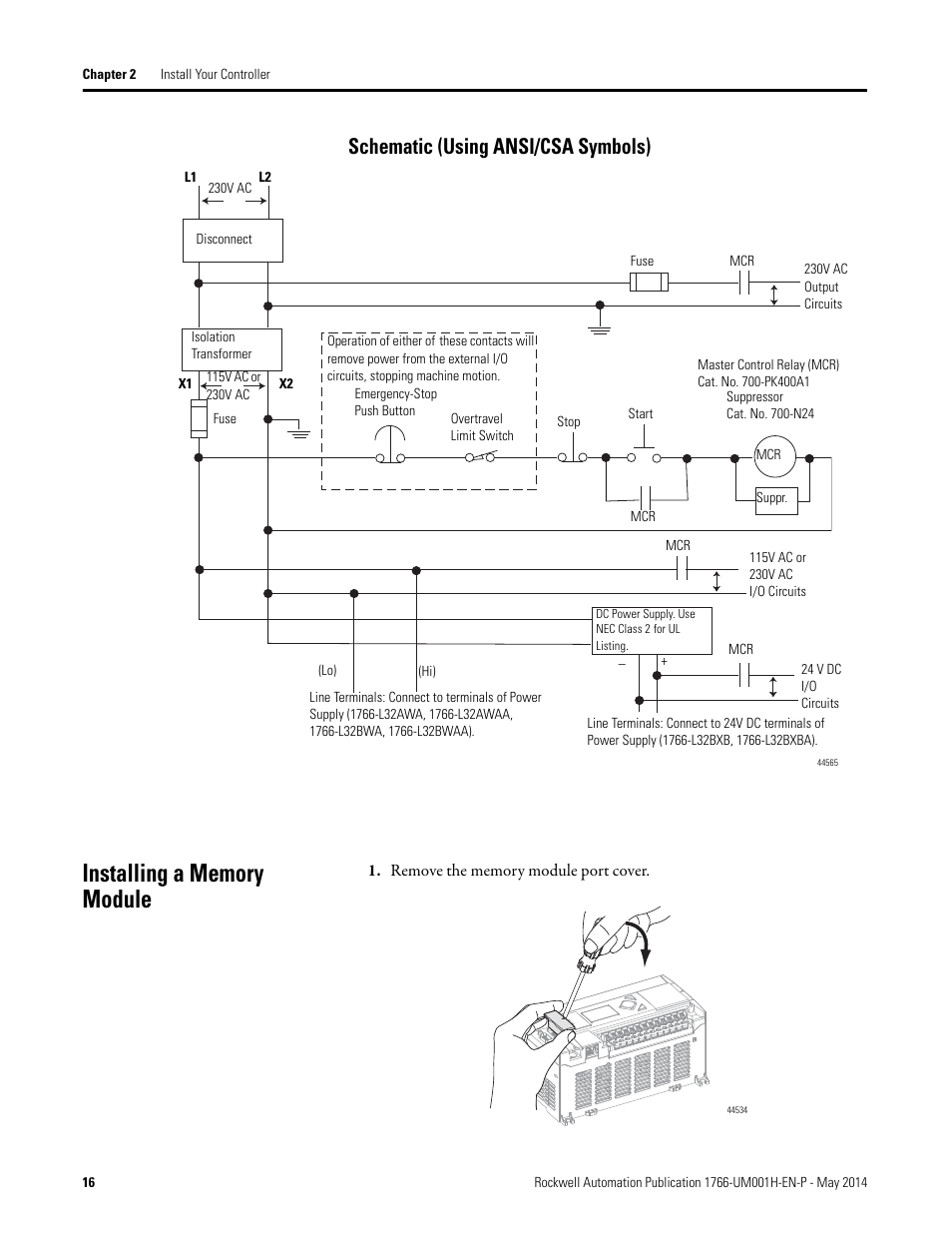 Schematic (using ansi/csa symbols), Installing a memory module | Rockwell Automation 1766-Lxxxx MicroLogix 1400 Programmable Controllers User Manual User Manual | Page 30 / 406