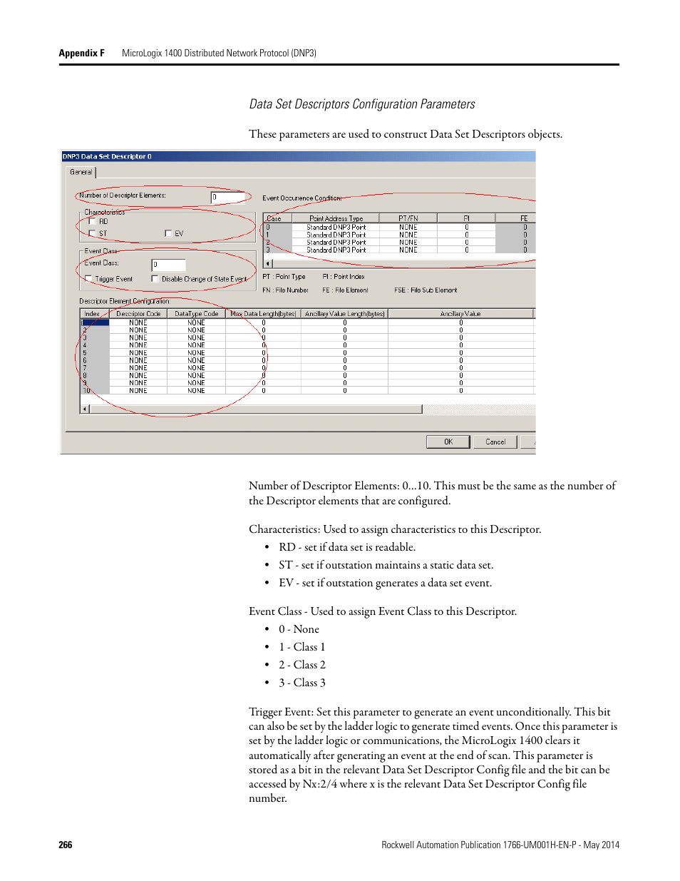 Data set descriptors configuration parameters | Rockwell Automation 1766-Lxxxx MicroLogix 1400 Programmable Controllers User Manual User Manual | Page 306 / 406