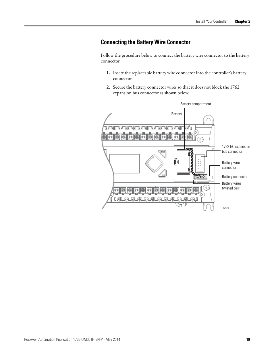 Connecting the battery wire connector | Rockwell Automation 1766-Lxxxx MicroLogix 1400 Programmable Controllers User Manual User Manual | Page 33 / 406