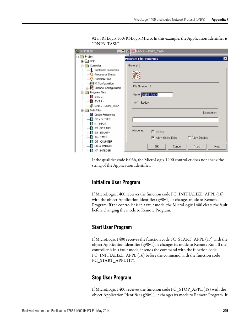 Initialize user program, Start user program, Stop user program | Rockwell Automation 1766-Lxxxx MicroLogix 1400 Programmable Controllers User Manual User Manual | Page 335 / 406