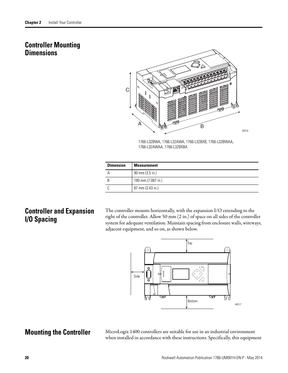 Controller mounting dimensions, Controller and expansion i/o spacing, Mounting the controller | Rockwell Automation 1766-Lxxxx MicroLogix 1400 Programmable Controllers User Manual User Manual | Page 34 / 406