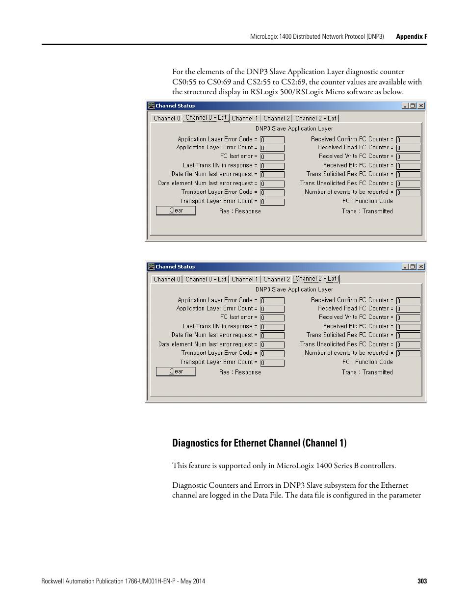 Diagnostics for ethernet channel (channel 1) | Rockwell Automation 1766-Lxxxx MicroLogix 1400 Programmable Controllers User Manual User Manual | Page 343 / 406