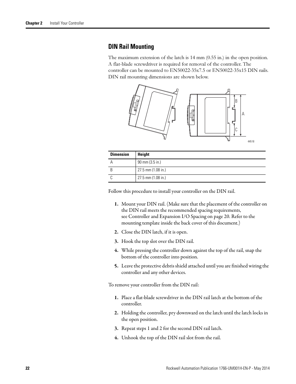 Din rail mounting | Rockwell Automation 1766-Lxxxx MicroLogix 1400 Programmable Controllers User Manual User Manual | Page 36 / 406