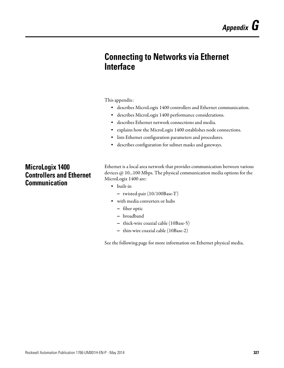 G - connecting to networks via ethernet interface, Connecting to networks via ethernet interface | Rockwell Automation 1766-Lxxxx MicroLogix 1400 Programmable Controllers User Manual User Manual | Page 367 / 406