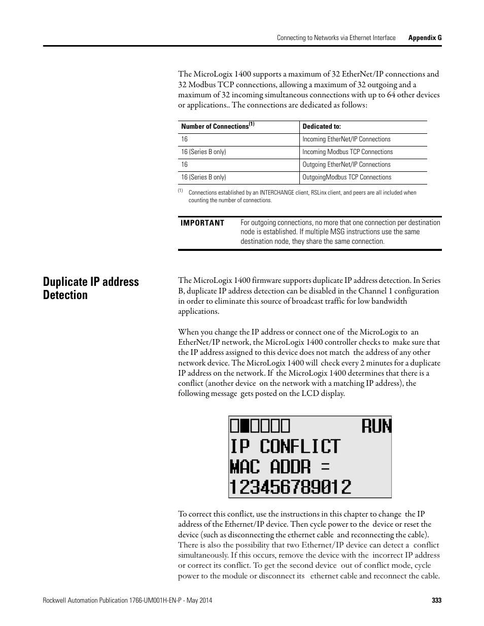 Duplicate ip address detection | Rockwell Automation 1766-Lxxxx MicroLogix 1400 Programmable Controllers User Manual User Manual | Page 373 / 406