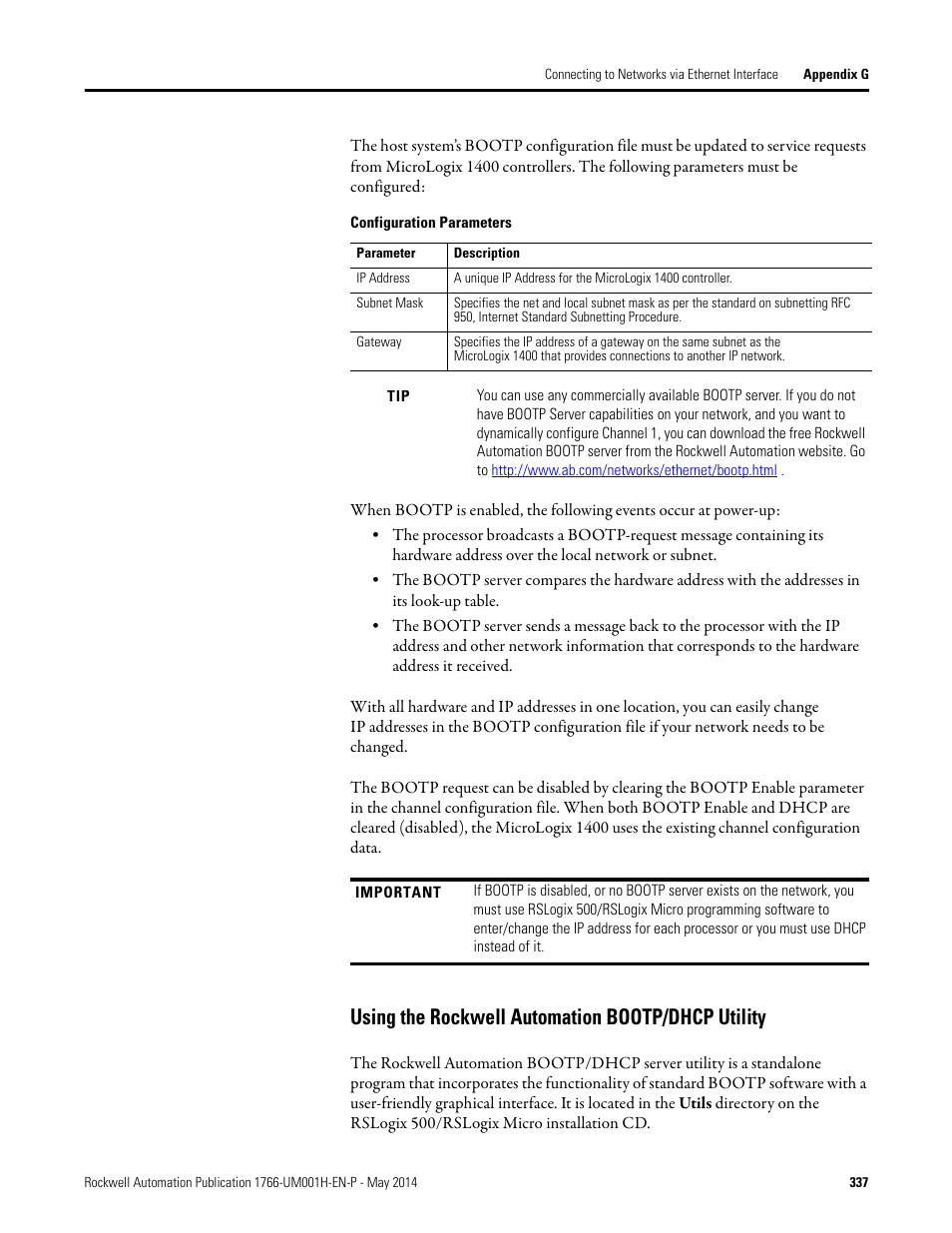 Using the rockwell automation bootp/dhcp utility | Rockwell Automation 1766-Lxxxx MicroLogix 1400 Programmable Controllers User Manual User Manual | Page 377 / 406