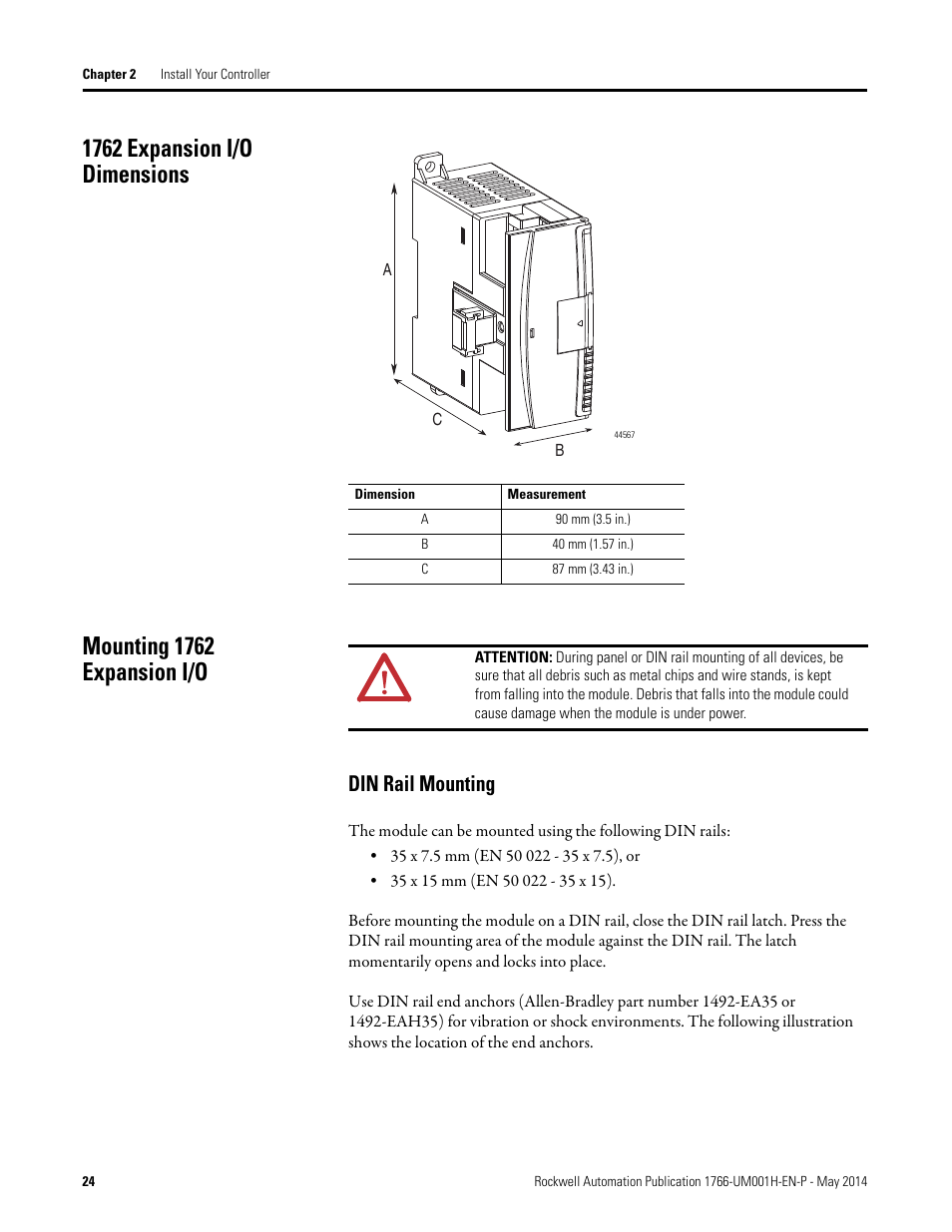 1762 expansion i/o dimensions, Mounting 1762 expansion i/o, Din rail mounting | Rockwell Automation 1766-Lxxxx MicroLogix 1400 Programmable Controllers User Manual User Manual | Page 38 / 406