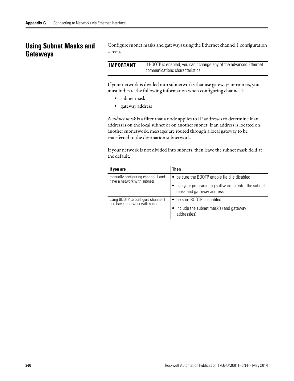 Using subnet masks and gateways | Rockwell Automation 1766-Lxxxx MicroLogix 1400 Programmable Controllers User Manual User Manual | Page 380 / 406