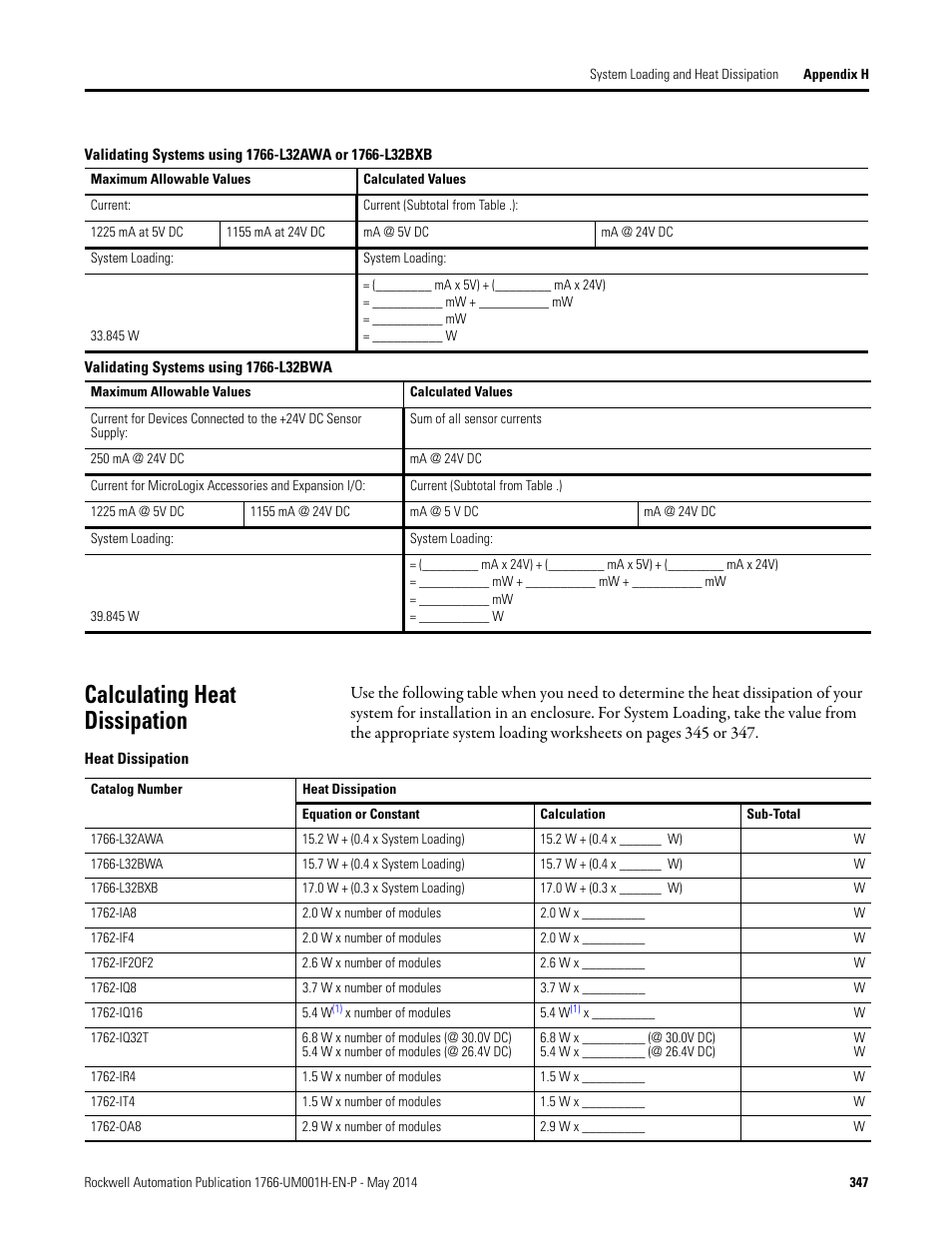 Calculating heat dissipation | Rockwell Automation 1766-Lxxxx MicroLogix 1400 Programmable Controllers User Manual User Manual | Page 387 / 406