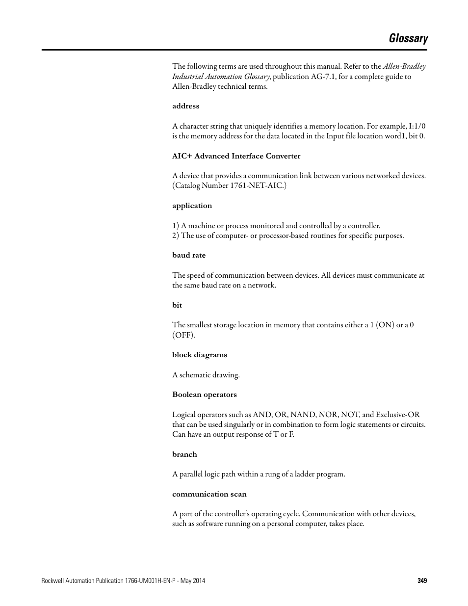 Glossary | Rockwell Automation 1766-Lxxxx MicroLogix 1400 Programmable Controllers User Manual User Manual | Page 389 / 406