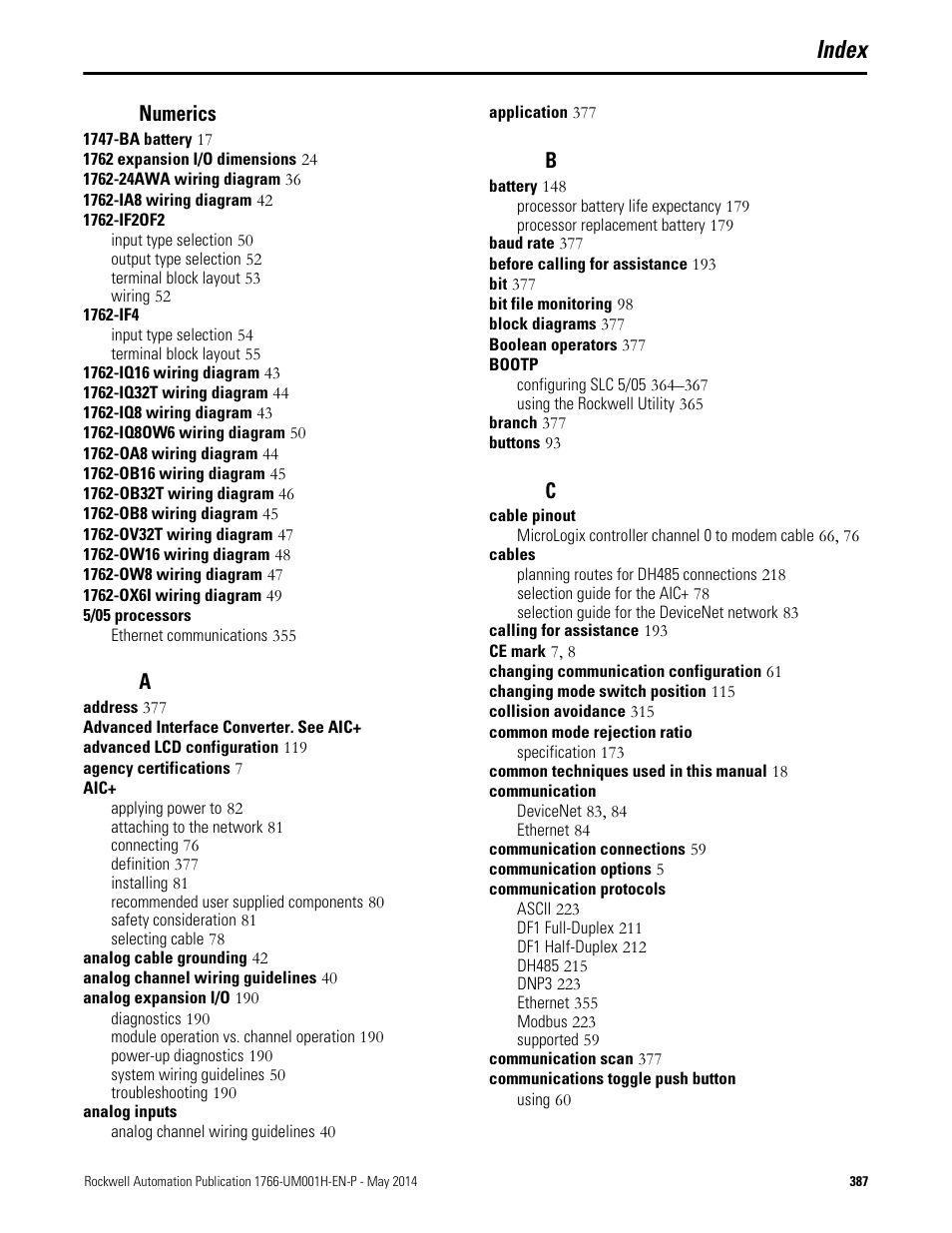 Numerics, Index | Rockwell Automation 1766-Lxxxx MicroLogix 1400 Programmable Controllers User Manual User Manual | Page 399 / 406