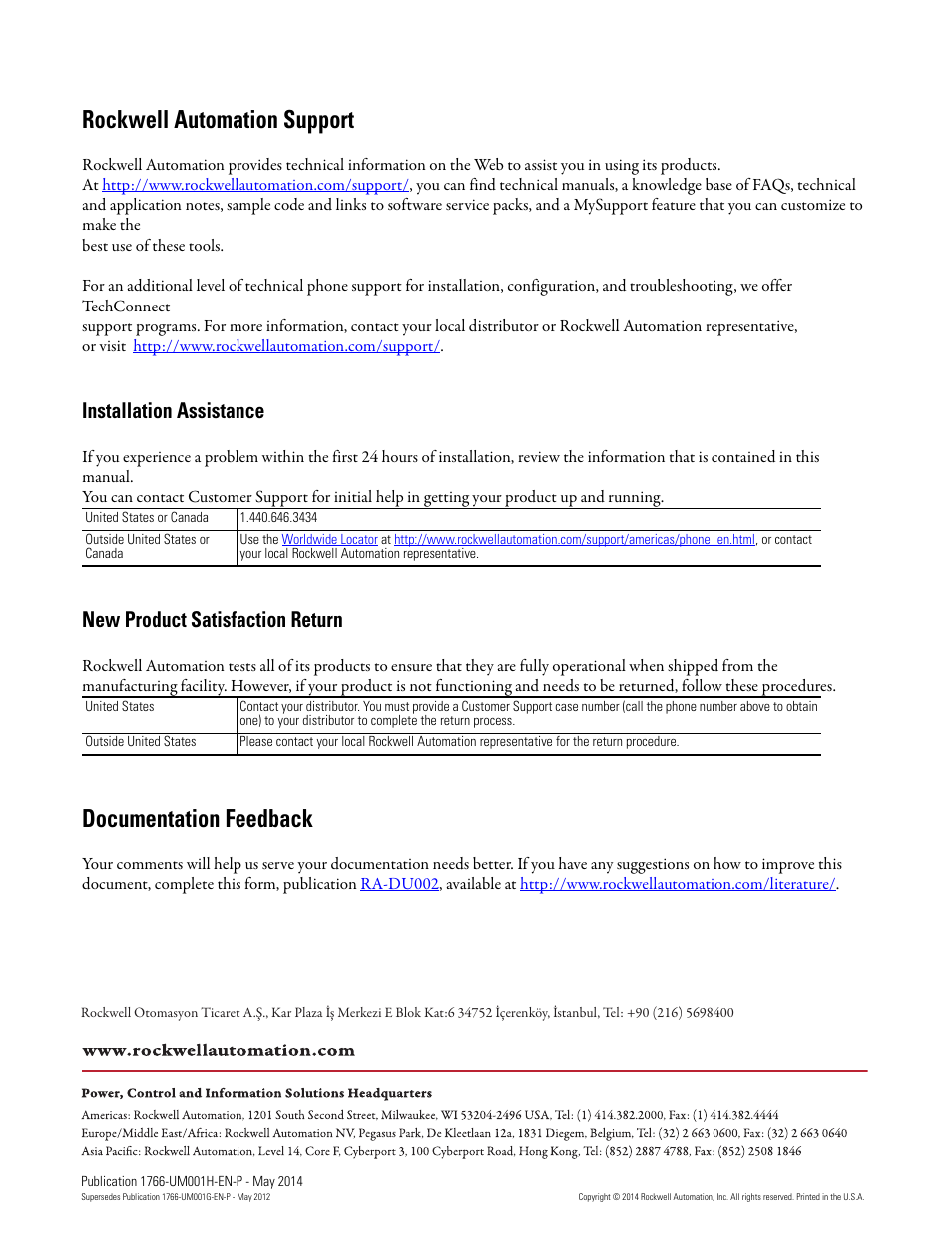 Back cover, Rockwell automation support, Documentation feedback | Installation assistance, New product satisfaction return | Rockwell Automation 1766-Lxxxx MicroLogix 1400 Programmable Controllers User Manual User Manual | Page 406 / 406