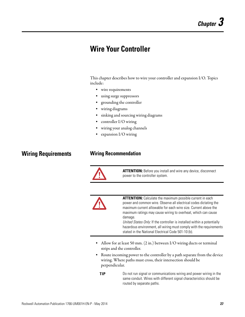 3 - wire your controller, Wiring requirements, Wiring recommendation | Chapter 3, Wire your controller, Chapter | Rockwell Automation 1766-Lxxxx MicroLogix 1400 Programmable Controllers User Manual User Manual | Page 41 / 406