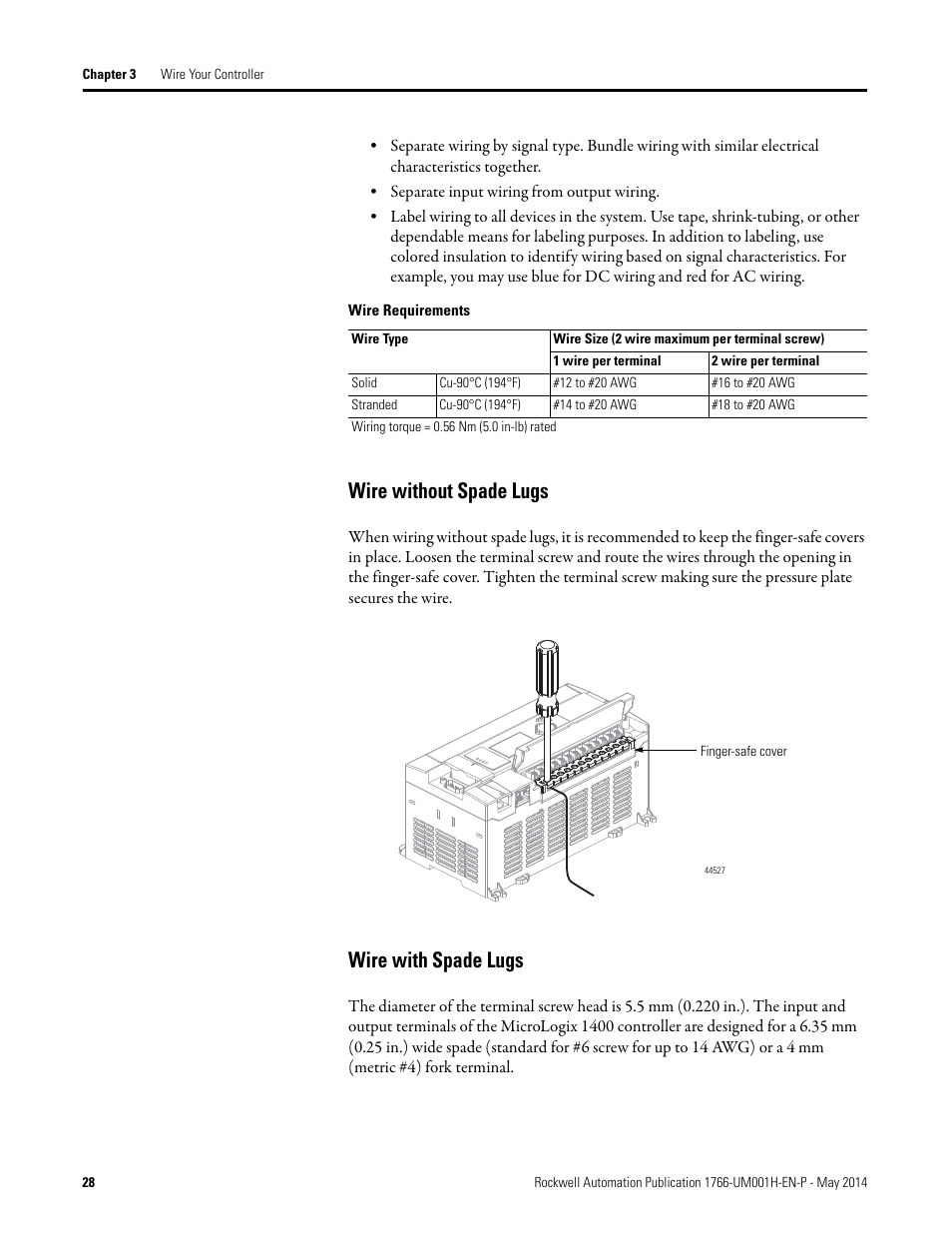 Wire without spade lugs, Wire with spade lugs, Wire without spade lugs wire with spade lugs | Rockwell Automation 1766-Lxxxx MicroLogix 1400 Programmable Controllers User Manual User Manual | Page 42 / 406