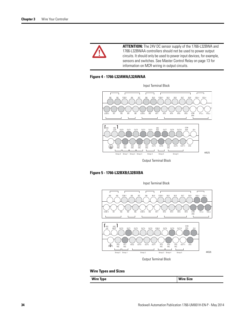 Wire type wire size, Input terminal block output terminal block | Rockwell Automation 1766-Lxxxx MicroLogix 1400 Programmable Controllers User Manual User Manual | Page 48 / 406