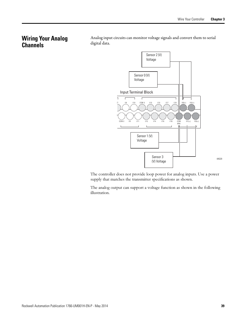 Wiring your analog channels, Input terminal block, Sensor 2 (v) voltage | Rockwell Automation 1766-Lxxxx MicroLogix 1400 Programmable Controllers User Manual User Manual | Page 53 / 406