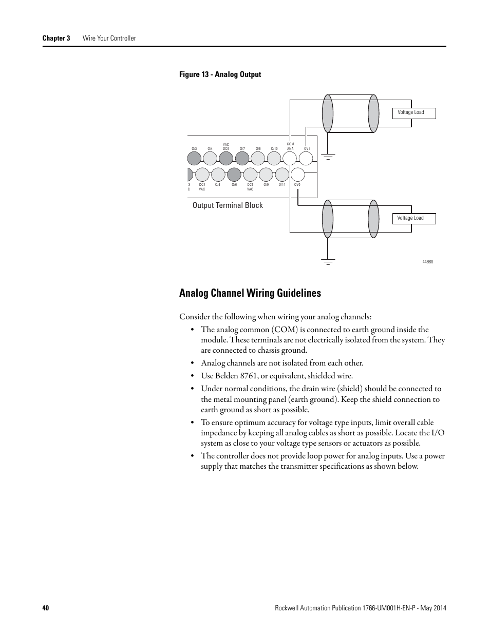 Analog channel wiring guidelines, Figure 13 - analog output, Output terminal block | Rockwell Automation 1766-Lxxxx MicroLogix 1400 Programmable Controllers User Manual User Manual | Page 54 / 406