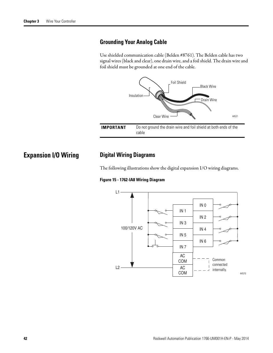 Grounding your analog cable, Expansion i/o wiring, Digital wiring diagrams | Rockwell Automation 1766-Lxxxx MicroLogix 1400 Programmable Controllers User Manual User Manual | Page 56 / 406