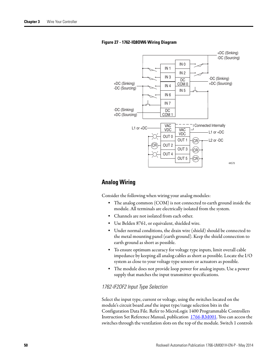 Analog wiring, 1762-if2of2 input type selection | Rockwell Automation 1766-Lxxxx MicroLogix 1400 Programmable Controllers User Manual User Manual | Page 64 / 406