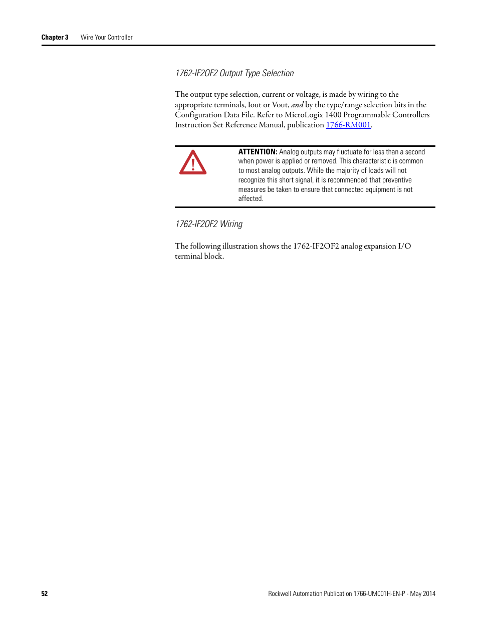 1762-if2of2 output type selection, 1762-if2of2 wiring | Rockwell Automation 1766-Lxxxx MicroLogix 1400 Programmable Controllers User Manual User Manual | Page 66 / 406