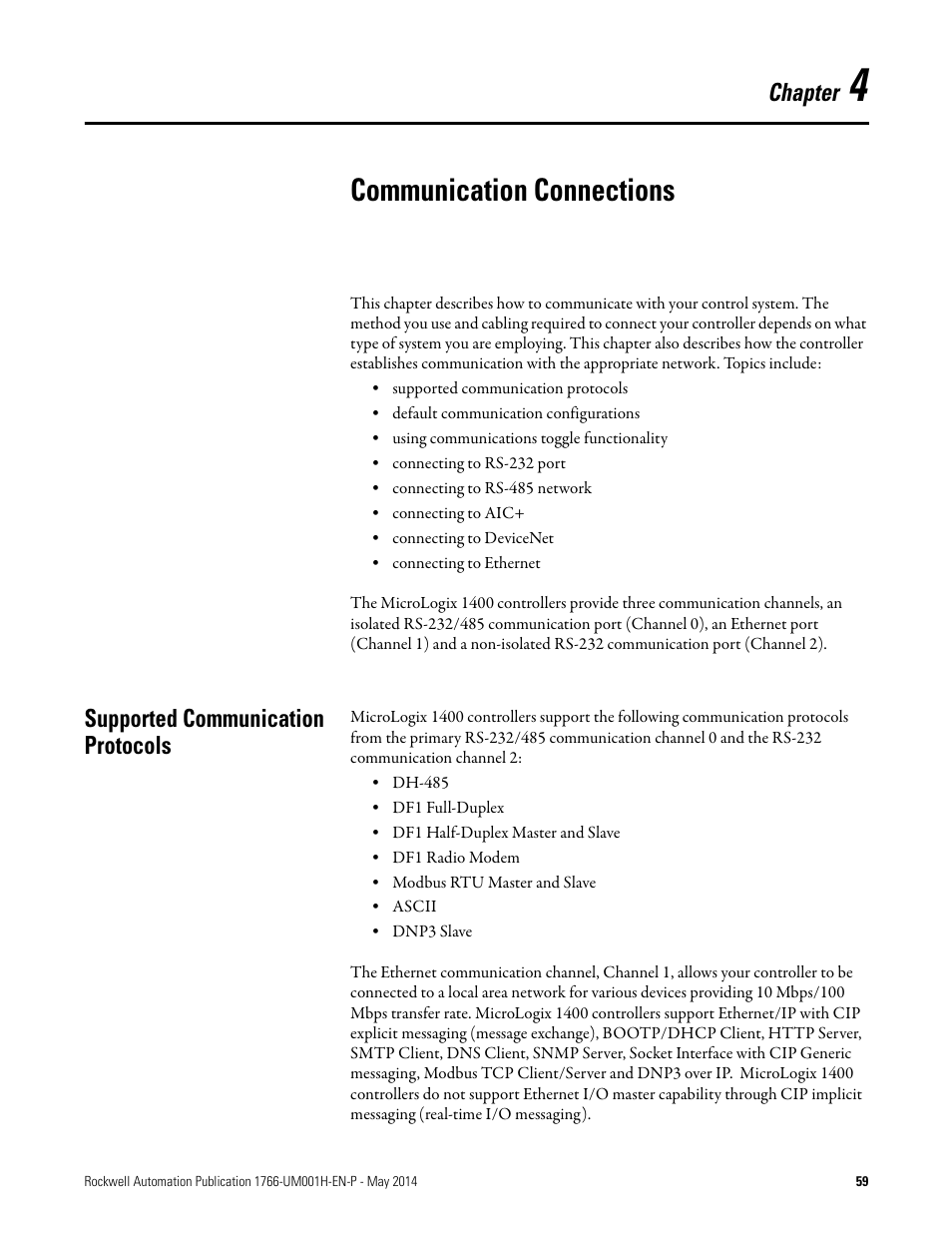 4 - communication connections, Supported communication protocols, Communication connections | Rockwell Automation 1766-Lxxxx MicroLogix 1400 Programmable Controllers User Manual User Manual | Page 73 / 406