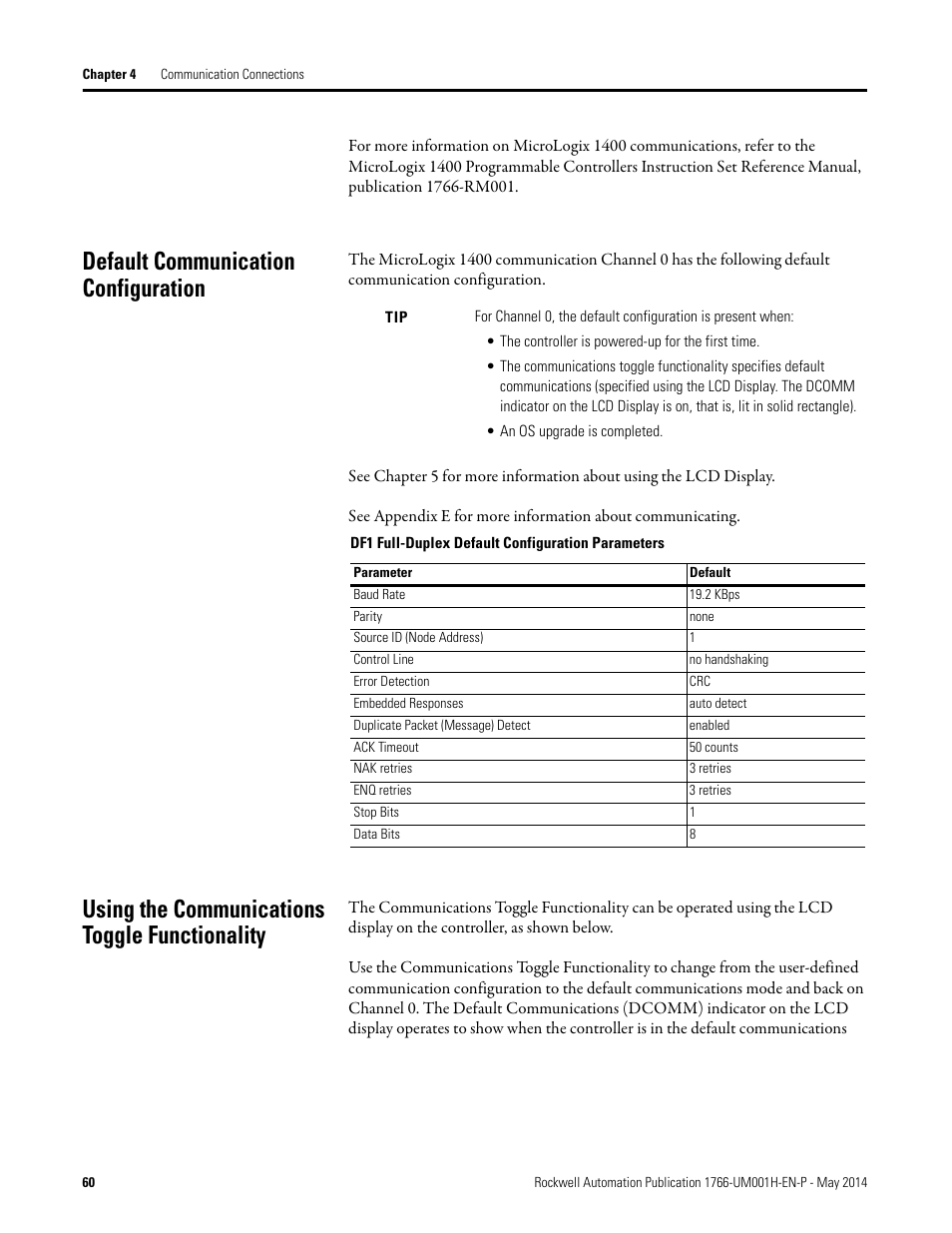 Default communication configuration, Using the communications toggle functionality | Rockwell Automation 1766-Lxxxx MicroLogix 1400 Programmable Controllers User Manual User Manual | Page 74 / 406