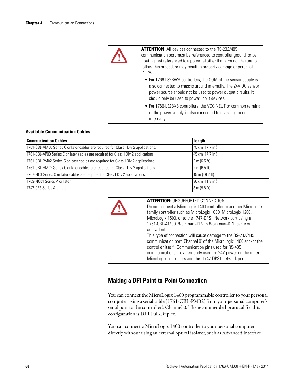 Making a df1 point-to-point connection | Rockwell Automation 1766-Lxxxx MicroLogix 1400 Programmable Controllers User Manual User Manual | Page 78 / 406
