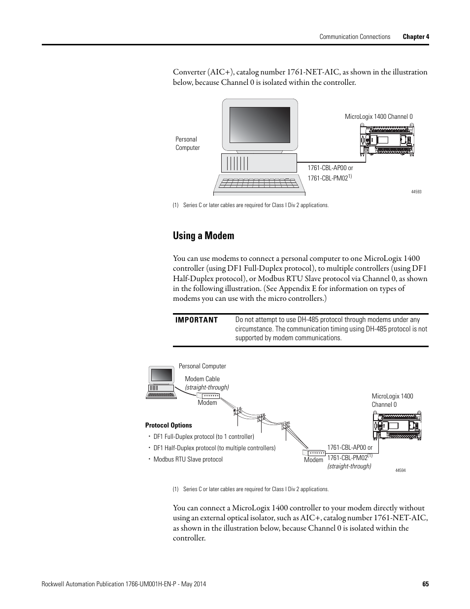 Using a modem | Rockwell Automation 1766-Lxxxx MicroLogix 1400 Programmable Controllers User Manual User Manual | Page 79 / 406