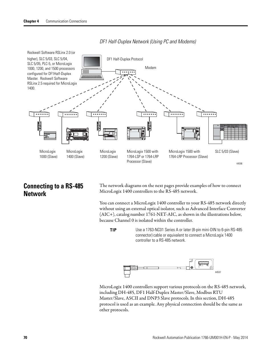 Df1 half-duplex network (using pc and modems), Connecting to a rs-485 network | Rockwell Automation 1766-Lxxxx MicroLogix 1400 Programmable Controllers User Manual User Manual | Page 84 / 406