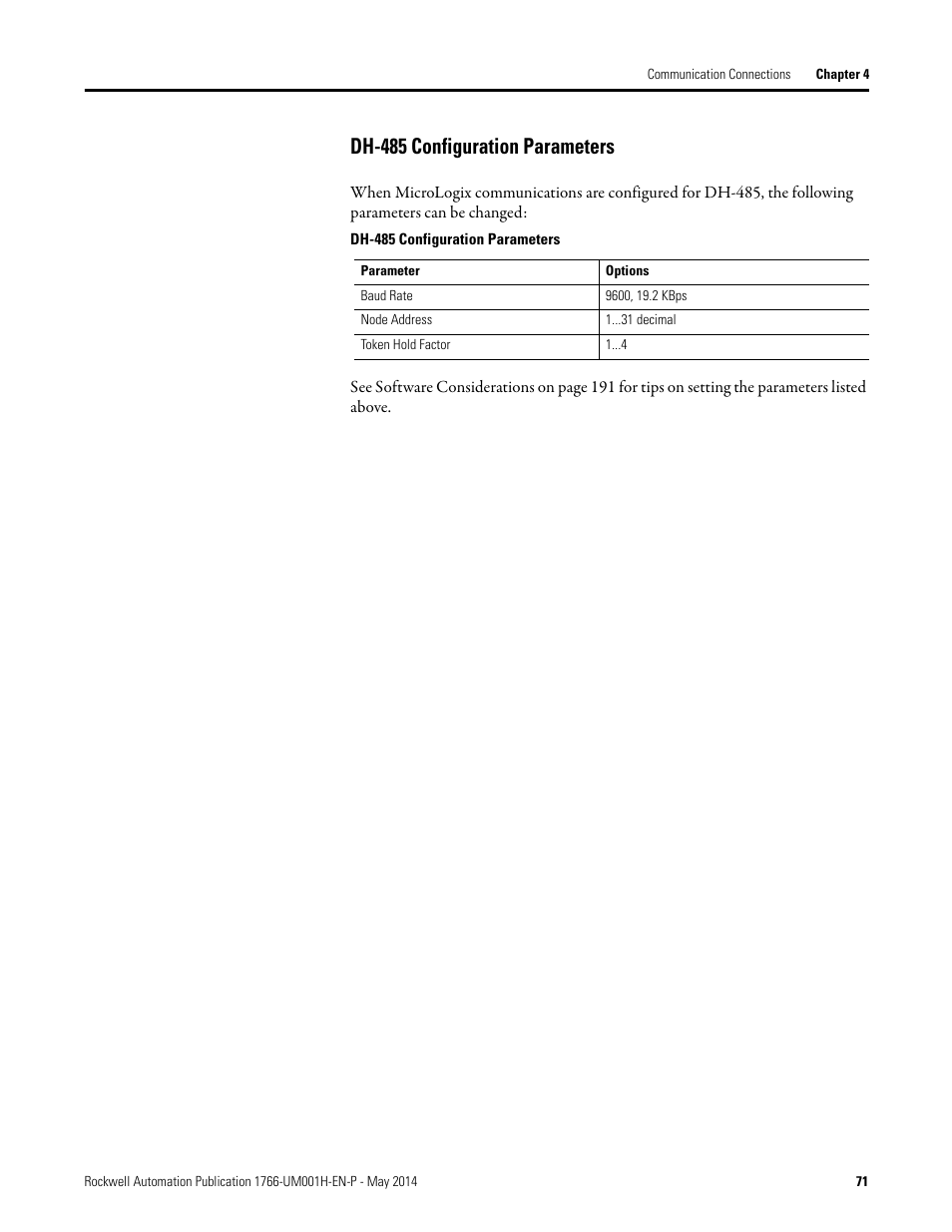 Dh-485 configuration parameters | Rockwell Automation 1766-Lxxxx MicroLogix 1400 Programmable Controllers User Manual User Manual | Page 85 / 406