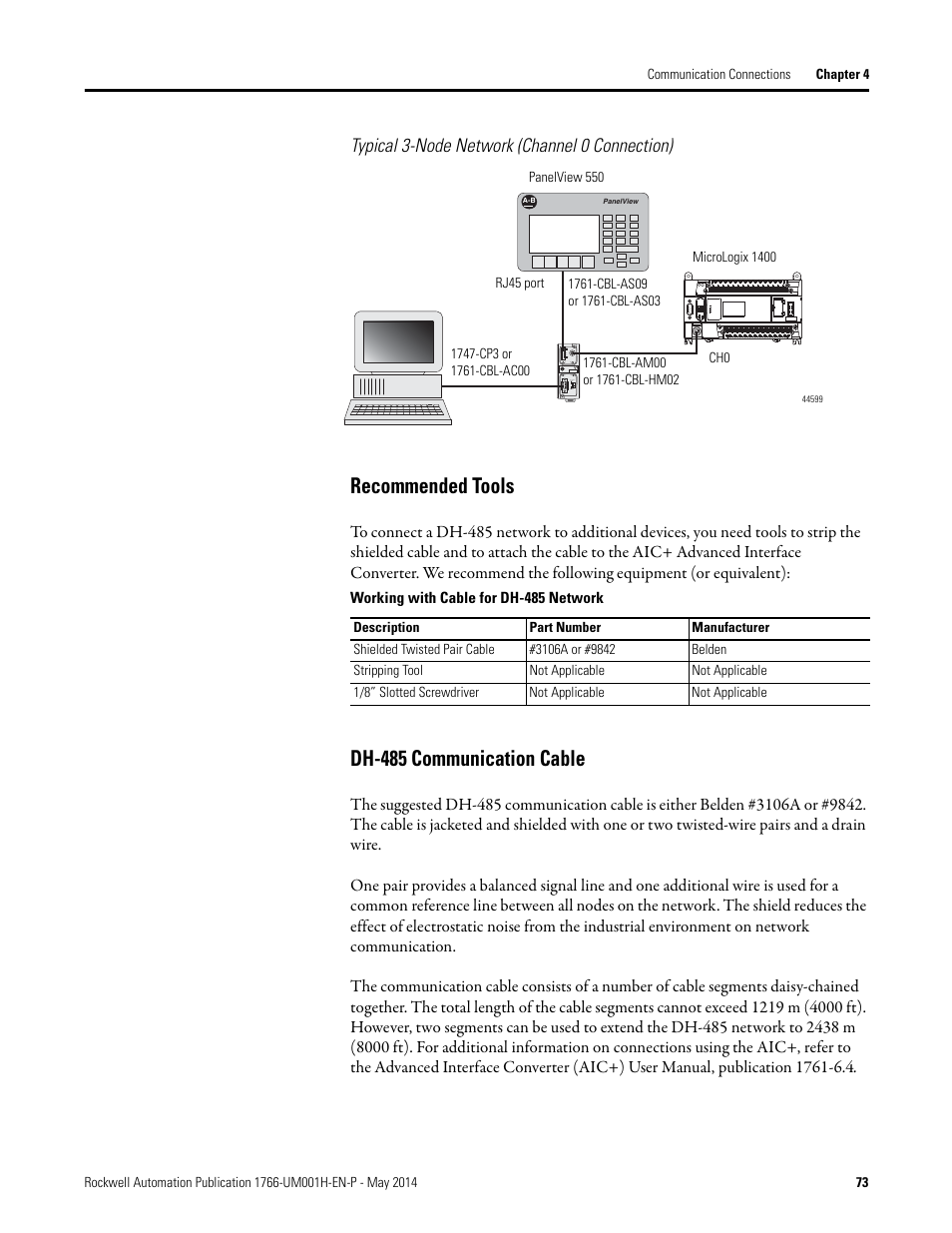 Typical 3-node network (channel 0 connection), Recommended tools, Dh-485 communication cable | Rockwell Automation 1766-Lxxxx MicroLogix 1400 Programmable Controllers User Manual User Manual | Page 87 / 406