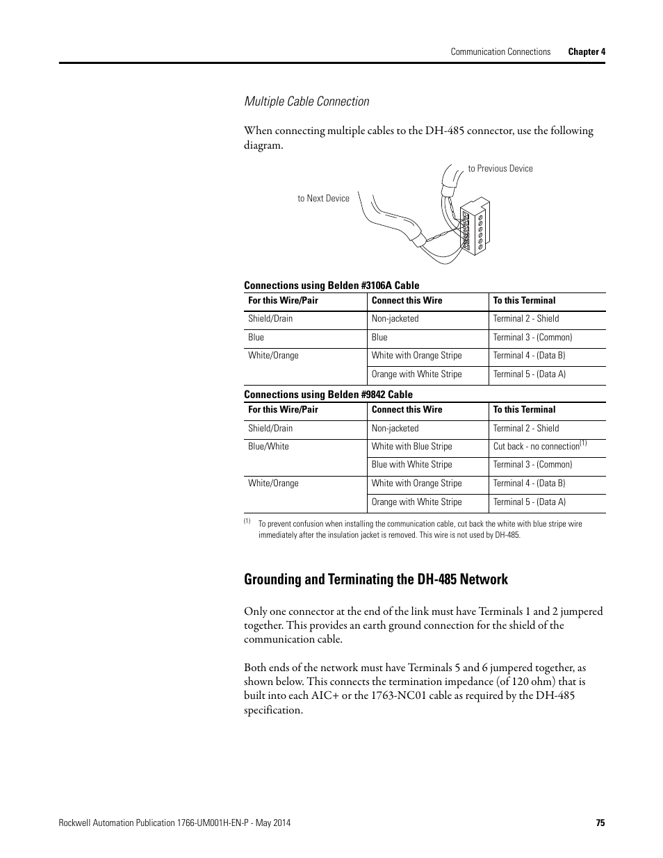 Multiple cable connection, Grounding and terminating the dh-485 network | Rockwell Automation 1766-Lxxxx MicroLogix 1400 Programmable Controllers User Manual User Manual | Page 89 / 406