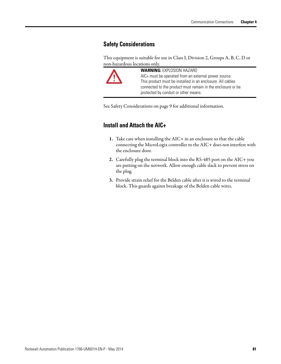 Safety considerations, Install and attach the aic | Rockwell Automation 1766-Lxxxx MicroLogix 1400 Programmable Controllers User Manual User Manual | Page 95 / 406