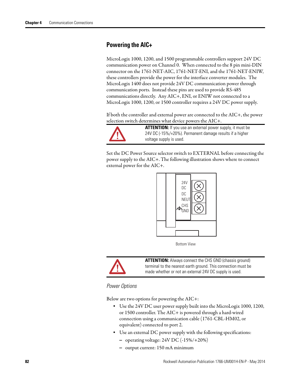 Powering the aic, Power options | Rockwell Automation 1766-Lxxxx MicroLogix 1400 Programmable Controllers User Manual User Manual | Page 96 / 406
