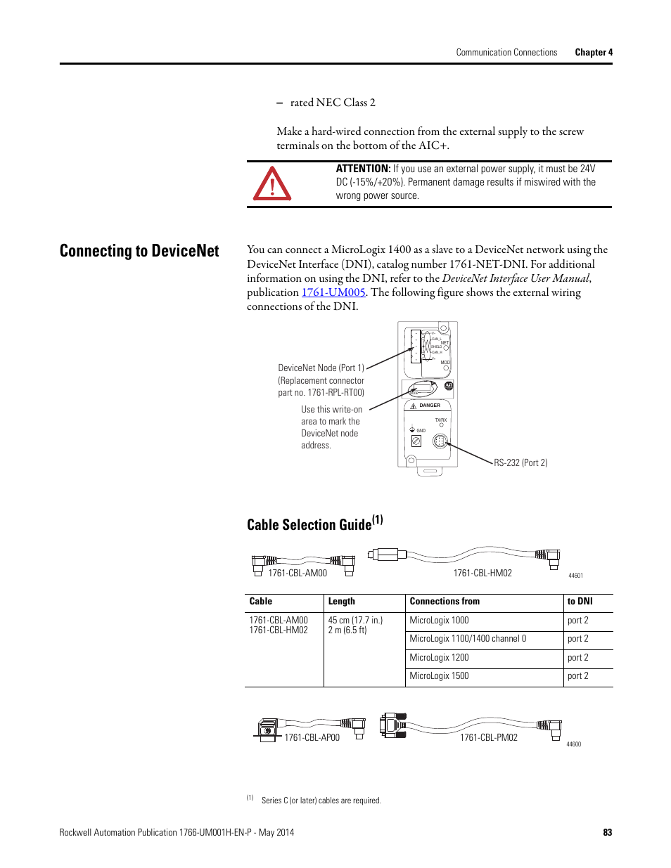 Connecting to devicenet, Cable selection guide | Rockwell Automation 1766-Lxxxx MicroLogix 1400 Programmable Controllers User Manual User Manual | Page 97 / 406