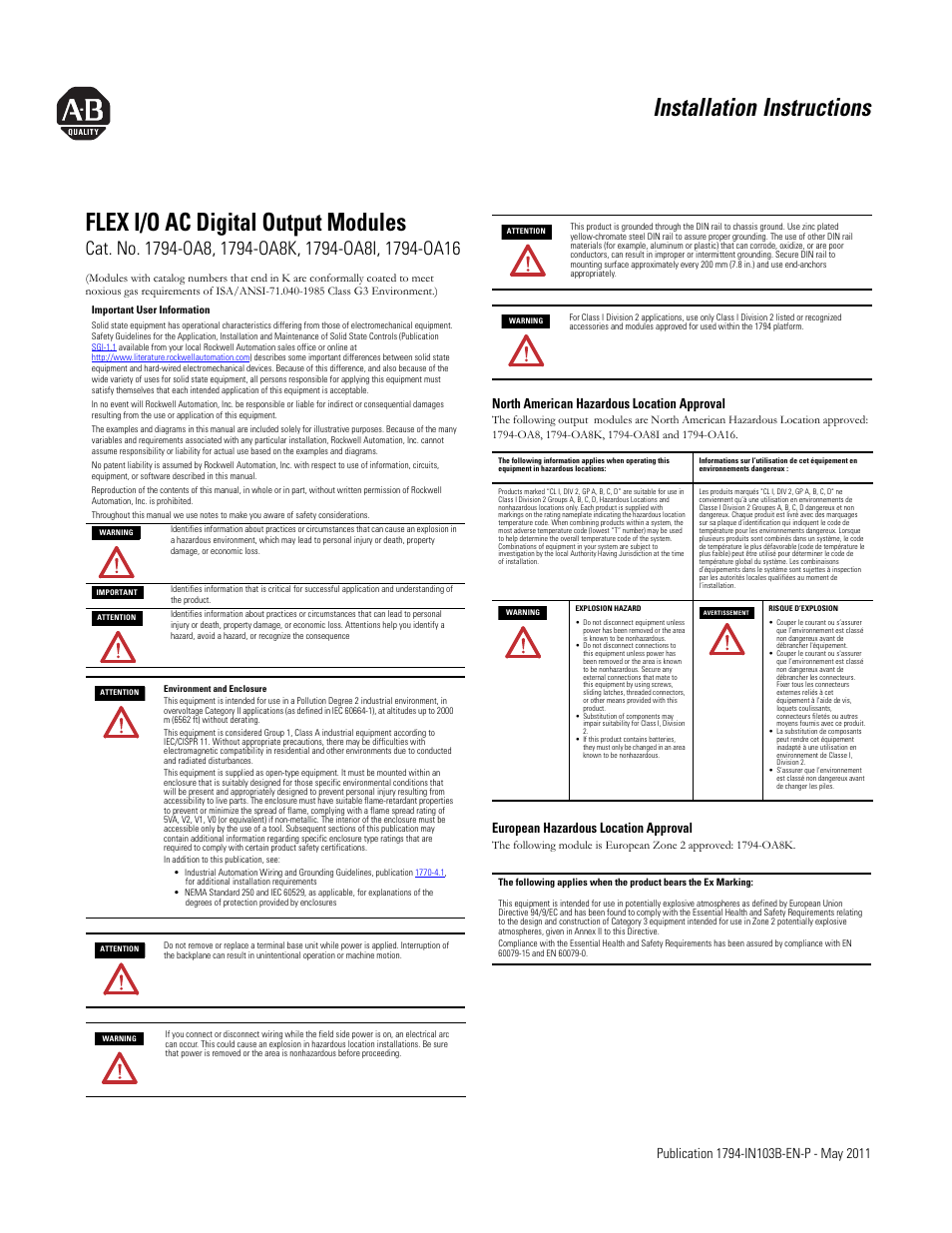 Rockwell Automation 1794-OA8_OA8K_OA8I_OA16 FLEX I/O Digital AC Output Modules Installation Instructions User Manual | 6 pages