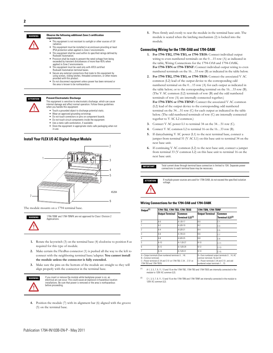 Install your flex i/o ac digital output module, Connecting wiring for the 1794-oa8 and 1794-oa8k | Rockwell Automation 1794-OA8_OA8K_OA8I_OA16 FLEX I/O Digital AC Output Modules Installation Instructions User Manual | Page 2 / 6