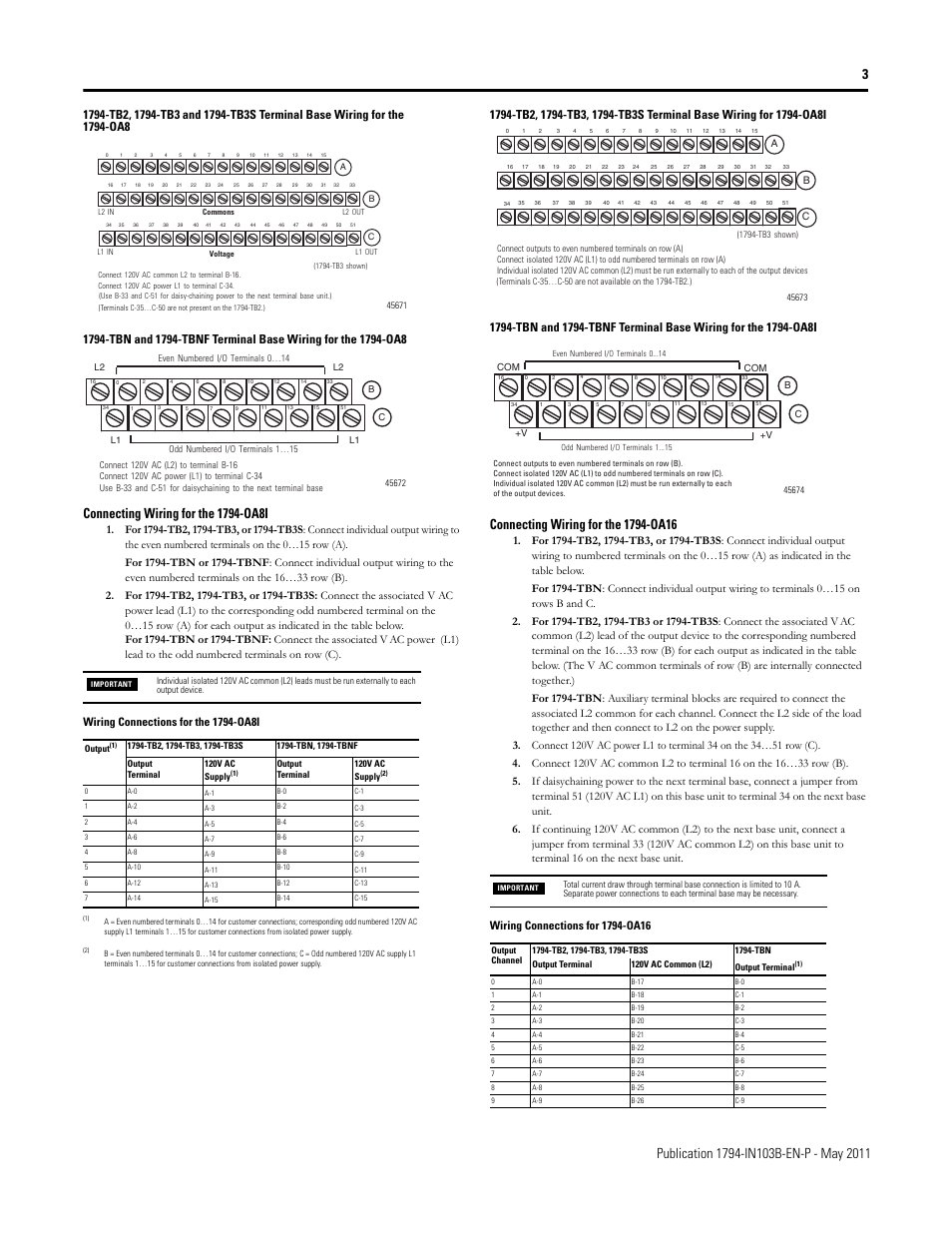 Connecting wiring for the 1794-oa8i, Connecting wiring for the 1794-oa16 | Rockwell Automation 1794-OA8_OA8K_OA8I_OA16 FLEX I/O Digital AC Output Modules Installation Instructions User Manual | Page 3 / 6